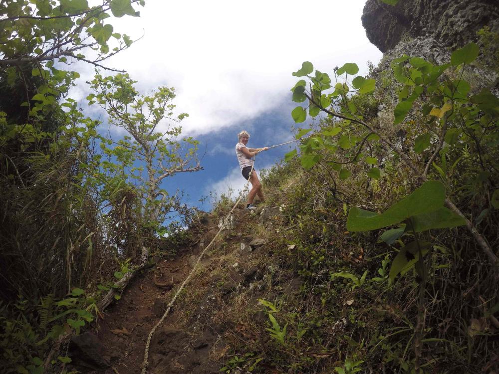 Feel the Fear: Does not look much, but need a rope to get up this cliff face on Maupiti